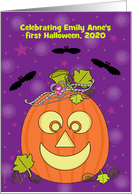 Baby Girl First Halloween Custom Text Pumpkin Princess and Bats card