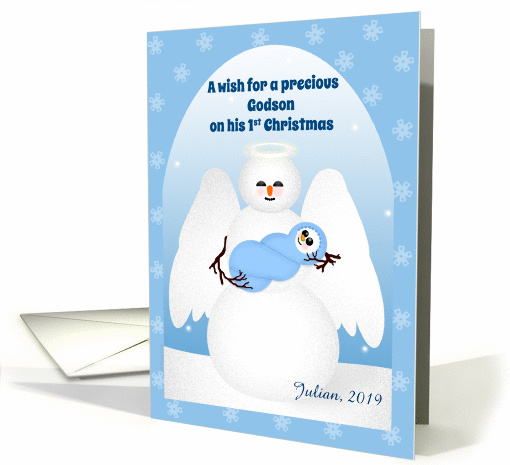 Godson Christmas Baby's First Custom Name Snow Angel on Blue card
