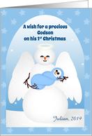 Godson Christmas Baby’s First Custom Name Snow Angel on Blue card