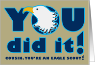 Cousin Eagle Scout Congratulations Eagle Head Blue Text on Khaki card