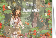 Easter Wishes Elf Girl in Forest with Rabbits card