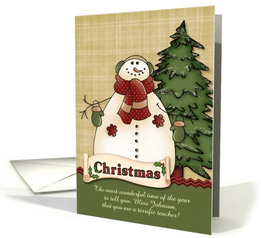 Customizable Teacher's Name Christmas Tree and Snowman card (1005593)