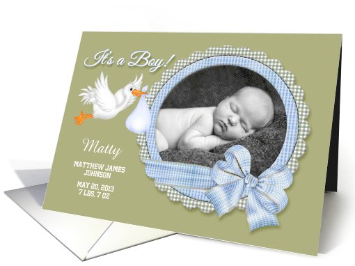 It's a Boy! New Baby Announcement - Custom Photo & Name Stork card