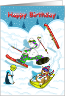 Funny skiing Happy Birthday card, Fat Cat and Duncan card