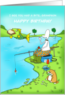 Funny Birthday Grandson Fisherman With Fish Stealing Sandwich card