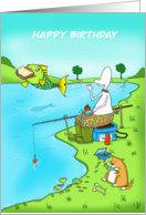Funny Birthday Fisherman With Fish Stealing Sandwich card