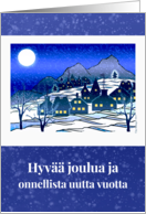 Finnish Christmas Hyv Joulua with Snowy Village Scene in Blue card
