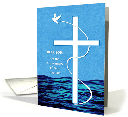 Son Baptism Anniversary with White Dove and Cross Over Water card