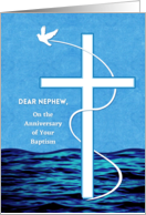 Nephew Baptism Anniversary with White Dove and Cross Over Water card