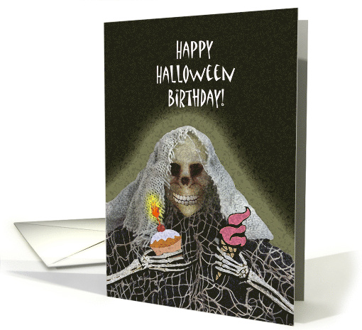 Halloween Birthday with Skeleton Ghoul Holding Cupcake and Cone card