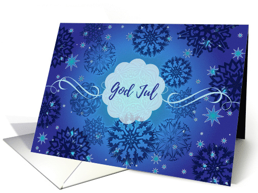 God Jul Norwegian Christmas Snowflakes and Stars in Blue card