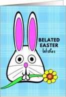Belated Easter Wishes with Bunny Holding a Flower in Its Mouth card