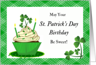 Birthday on St Patrick’s Day Cupcake with Shamrocks and Plaid card