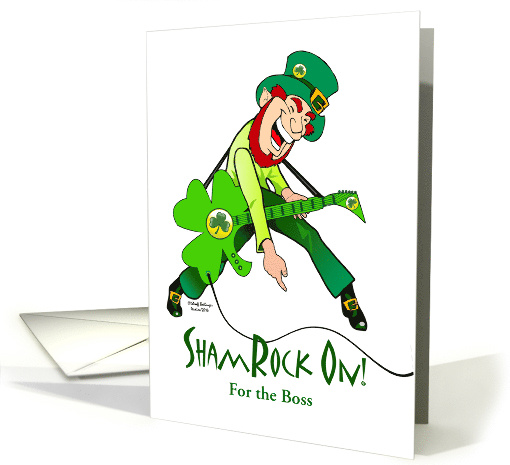For Boss St Patrick's Day ShamRock On Leprechaun and Guitar card