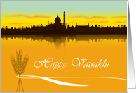 Happy Vaisakhi, City in India Silhouette with Wheat and Ribbon card