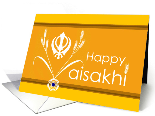 Happy Vaisakhi with Khanda and Wheat Sheaves in Golden Yellow card