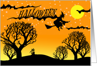 Halloween Silhouette with Flying Witch and Cute Cat card