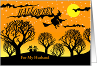 For Husband Halloween Custom Front Text with Witch and Cat Couple card