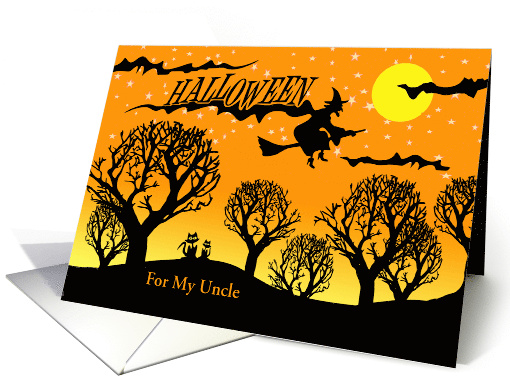 For Uncle Hallowen Custom Text Silhouette of Cat and Flying Witch card