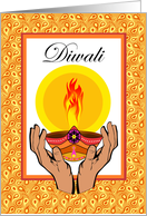 Diwali Hands Holding a Diya with Flame and Paisley Pattern card