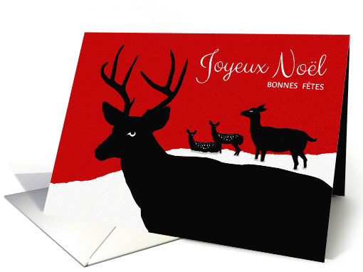 French Christmas Joyeux Noel with Deer Family Silhouette in Snow card