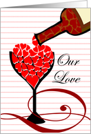For Wife Valentines Day with Wine Bottle and Glass Filled with Hearts card