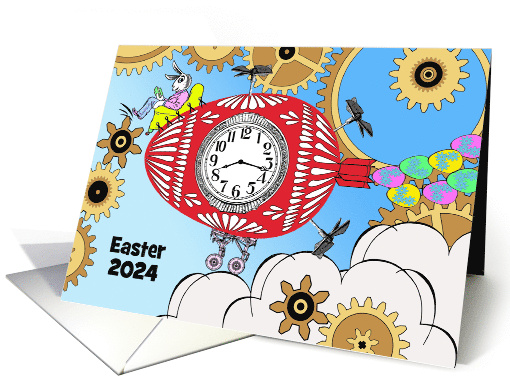 Custom Year Easter with Steampunk Bunny and Flying Egg Machine card