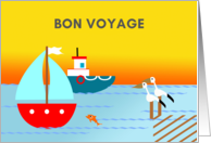 Bon Voyage Nautical Scene with Boats and Pelicans on Dock card
