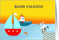 Italian Bon Voyage Buon Viaggio with Pelicans Watching Boats at Sunset card