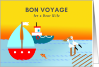Wife Bon Voyage with Pelicans and Boats at Sunset card