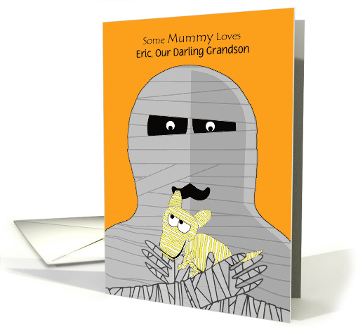 Custom Halloween for Grandson, Cute Mummy Holding a Puppy Mummy card