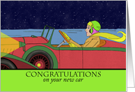 Congratulations on Your New Car with Lady Driving Retro Car at Night card