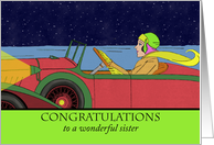 Congratulations on New Car for Sister with Woman and Retro Car card