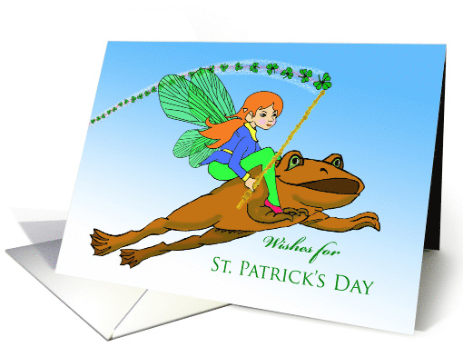 Cute St. Patrick's Day Fairy Riding a Frog, Shamrock Wishes card