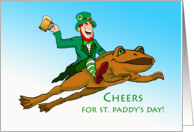 St Patricks Day Cheers Leprechaun on a Frog Holding a Beer card