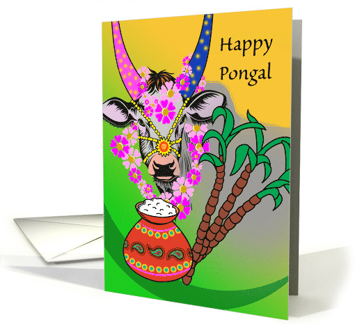 Happy Pongal, Rice Dish, Sugar Cane, and Decorated Cow card (1478906)