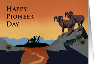 Happy Pioneer Day Mormon Handcart Pioneers with Bighorn Sheep card