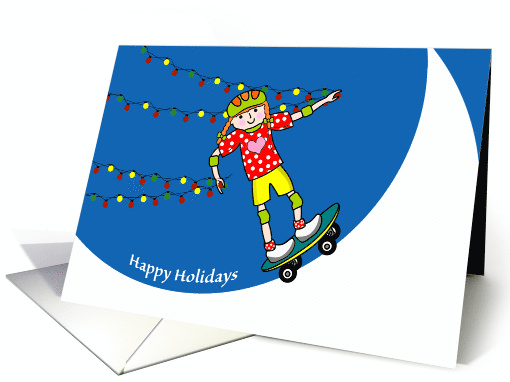 Happy Holidays with Girl Skateboarder and Christmas Lights card