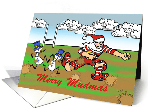 Merry Mudmas Christmas Rugby with Santa Claus and Rugby Ball card