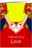 Sweetest Day, Woman Holding a Heart with XOXO, Colorful Dress card