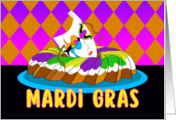 Mardi Gras with Colorful King Cake and Mask on Diamond Background card