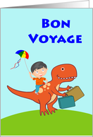 Bon Voyage for Child Boy Flying a Kite and Riding a Dinosaur card