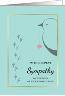 Loss of Bird Sympathy with Tracks and Bird Holding Heart on String card