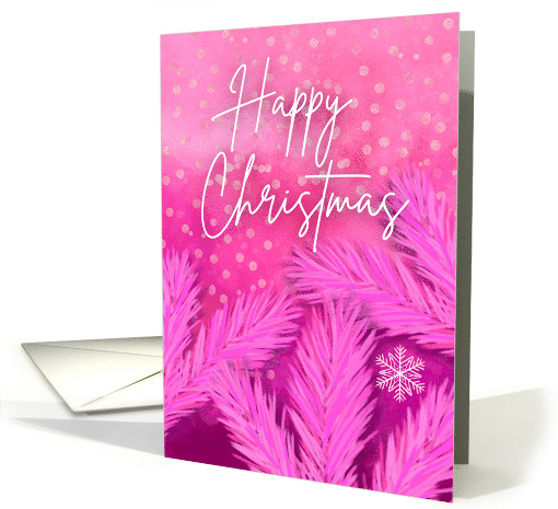 Happy Christmas Snow Scene in Pinks with Pine Tree Branches card