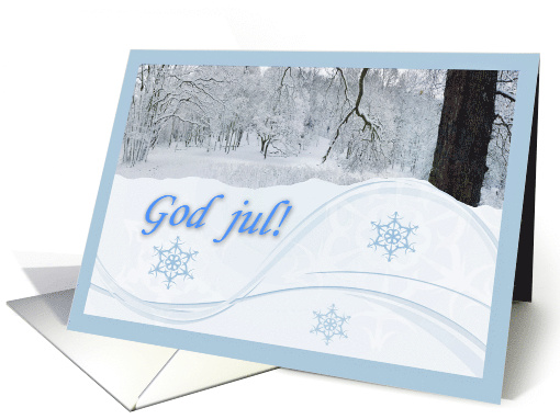 Norwegian Christmas Landscape with God jul Winter Scene card (685763)