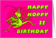 Happy Hoppy 11th Birthday with Funny Grasshopper in Party Hat card