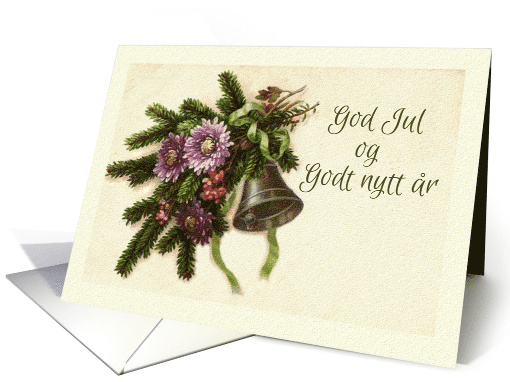 Norwegian Christmas God Jul Vintage Greens with Flowers and Bell card