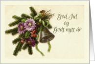 Norwegian Christmas God Jul Vintage Greens with Flowers and Bell card