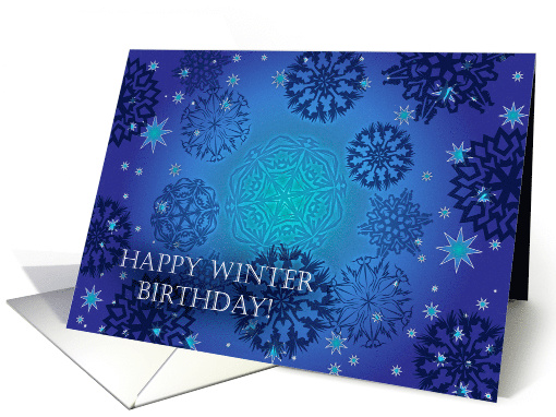 Winter Birthday, Elegant Snowflakes and Stars in Blue card (735680)