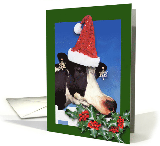 Hyvaa joulua Finnish Christmas Cow With Santa Hat and Holly card